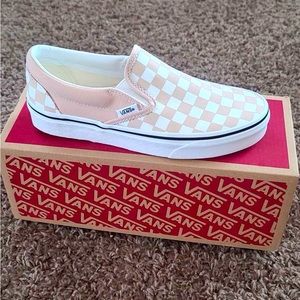 BRAND NEW Womens 7 Classic Slip On pink and white checkered vans.